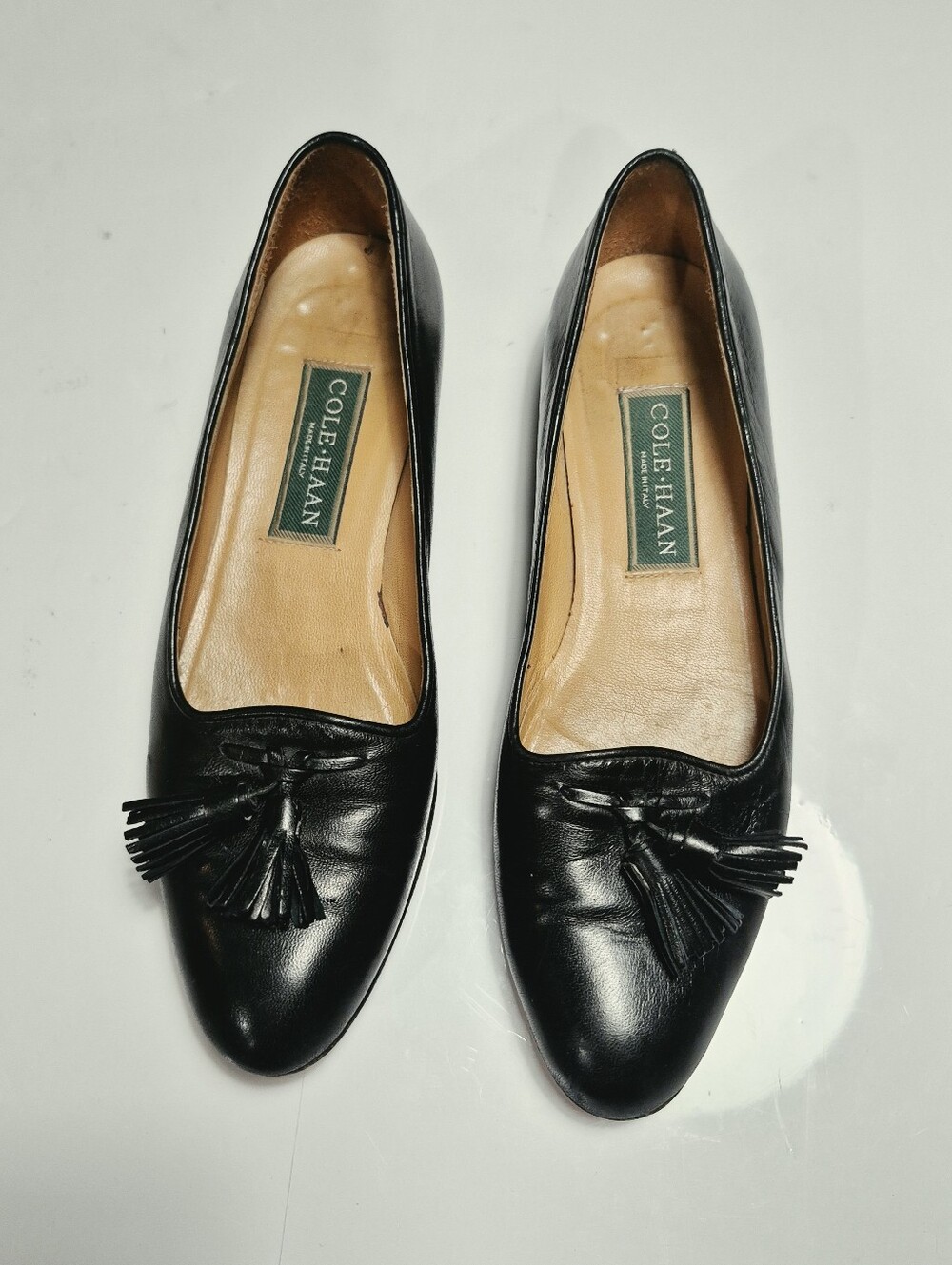 Vintage Cole Haan Cassie Black Nappa Leather Tassel Slip On Loafers Size 7.5 AA